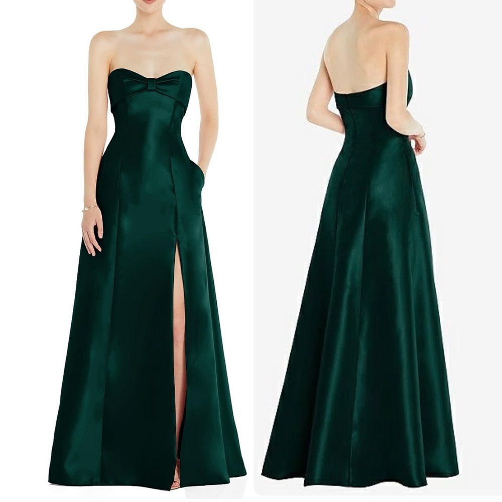 Alfred Sung Bow Cuff Strapless Satin Maxi Slit Ball Gown Evergreen D829 Sz 8
